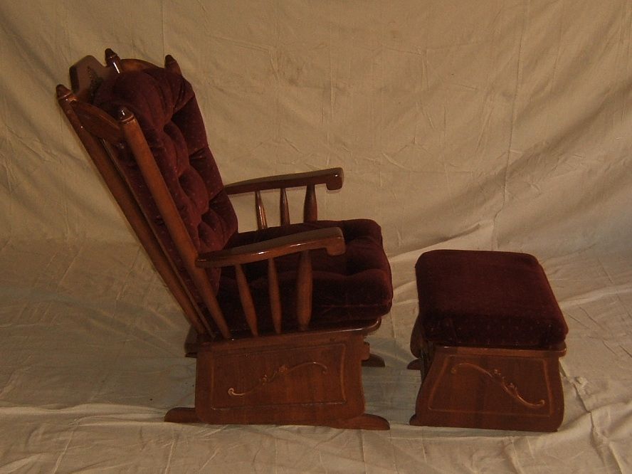 Towne Square Glider Rocker & Ottoman Midtone Stain/Burgundy Solid Oak Upholstery eBay