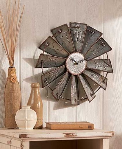 ~ Large Metal Windmill Wall Clock Country Rustic Farm House Living Room